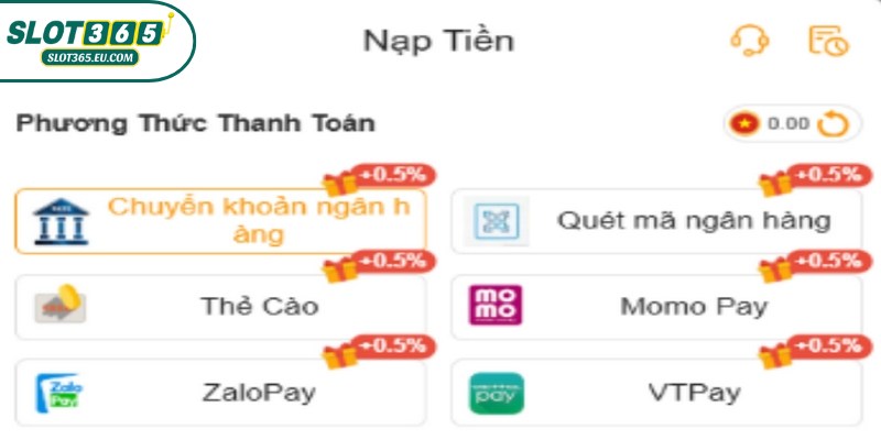 Hướng dẫn chi tiết từng bước nạp tiền SLOT365